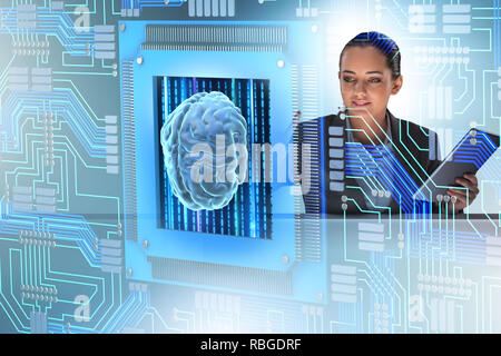 Cognitive concetto computive con la donna premendo i pulsanti Foto Stock