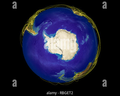 L'Antartide dallo spazio sulla terra con i confini e le linee che rappresentano la comunicazione internazionale, viaggi, collegamenti. 3D'illustrazione. Elementi Foto Stock