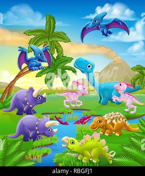 Cartoon di dinosauri preistorici scena paesaggio Illustrazione Vettoriale