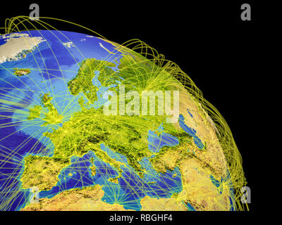 L'Europa dallo spazio con traiettorie che rappresenta la comunicazione globale, viaggi, collegamenti. 3D'illustrazione. Gli elementi di questa immagine fornita dalla NASA. Foto Stock