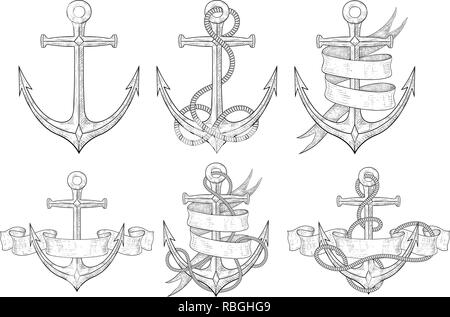 Ancore set. Mano bozzetto Illustrazione Vettoriale