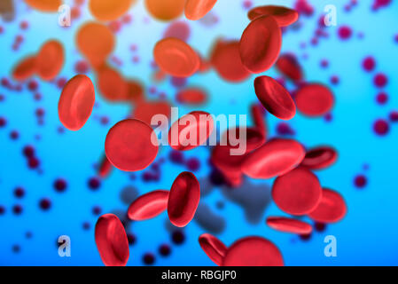 3d illustrazione di cellule rosse del sangue eritrociti close-up sotto un microscopio. Sfondo per medico scientifico concetto. Foto Stock