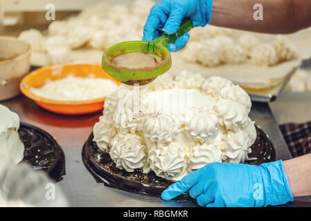 Mani guantate nel processo di realizzazione di meringa torta e dessert. Concetto di produzione di prodotti a base di zuccheri Foto Stock