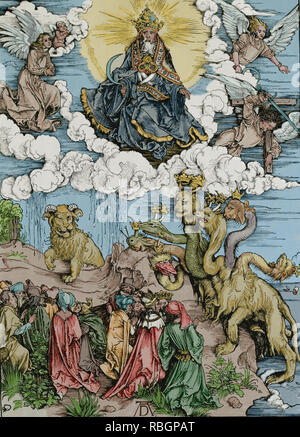 La bestia con l'agnello, corna e la bestia con 7 teste. Apocalisse di Albrecht Dürer. 1498. Foto Stock