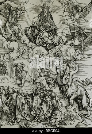 La bestia con l'agnello, corna e la bestia con 7 teste. Apocalisse di Albrecht Dürer. 1498. Foto Stock