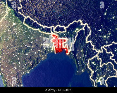 Bangladesh dallo spazio sulla terra di notte. Molto bene i dettagli del pianeta in plastica con superficie luminose luci della citta'. 3D'illustrazione. Gli elementi di questo ima Foto Stock