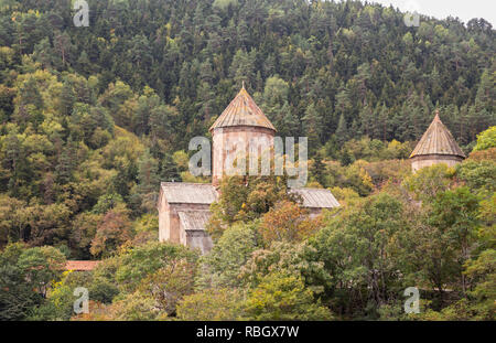 Templi di antico monastero Sapara sul versante della montagna nella foresta, Georgia Foto Stock