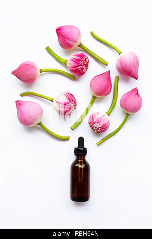 Lotus olio essenziale con fiori di loto su sfondo bianco. Vista superiore Foto Stock