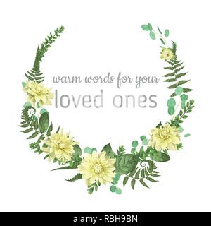 Ghirlanda con erbe e foglie isolati su sfondo bianco. Illustrazione botanica. Legno di bosso, eucalipto, foresta fern, fiori di giallo dalia. Salvare th Illustrazione Vettoriale