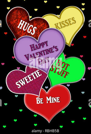 Sfondo grafico con grande cuore di San Valentino con i singoli messaggi Foto Stock