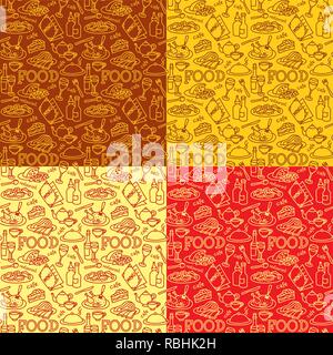 Modelli senza soluzione di continuità per il ristorante e il cafe cibi e piatti, comprende quattro modelli di campioni Illustrazione Vettoriale