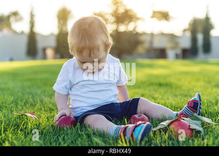 Carino il bambino gioca con le mele su un prato verde in natura in una giornata di sole. Il concetto di uno-anno-vecchio figlio Foto Stock