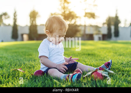 Carino il bambino gioca con le mele su un prato verde in natura in una giornata di sole. Il concetto di uno-anno-vecchio figlio Foto Stock