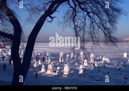 Harbin, Cina. Decimo gen, 2019. Pupazzi di neve realizzati da studenti di università può essere visto a Dalin Park di Harbin, a nord-est della Cina di Heilongjiang provincia. Credito: SIPA Asia/Pacific Press/Alamy Live News Foto Stock