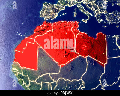 Regione del Maghreb dallo spazio sulla terra di notte. Molto bene i dettagli del pianeta in plastica con superficie luminose luci della citta'. 3D'illustrazione. Gli elementi di questo Foto Stock