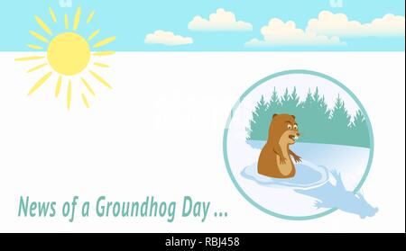 Notizie di un giorno di Groundhog -Funny Groundhog spaventato della sua ombra. Illustrazione Vettoriale