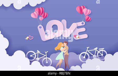 Valentines Day card con coppia abbracciando permanente con grandi lettere di amore e le loro biciclette sul cielo blu sullo sfondo. Carta vettoriale arte illustrazione. Carta tagliata e stile di artigianato. Illustrazione Vettoriale