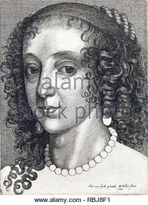Henrietta Maria di Francia Henriette Marie; 1609 - 1669, fu regina consorte di Inghilterra, in Scozia e in Irlanda come la moglie del re Carlo I, attacco da incisore boemo Wenceslaus Hollar dal 1641 Foto Stock