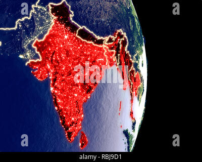 Vista satellitare del BIMSTEC memeber membri di notte con visibile luminose luci della citta'. Dettagli estremamente fini del pianeta di plastica superficie. 3D illustratio Foto Stock