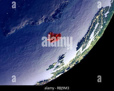 Islanda da spazio sul modello di terra di notte. Molto bene i dettagli del mondo di plastica della superficie visibile e luminose luci della citta'. 3D'illustrazione. Elemento Foto Stock