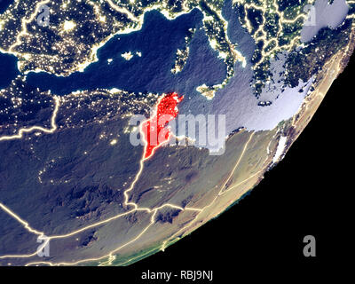 Tunisia da spazio sul modello di terra di notte. Molto bene i dettagli del mondo di plastica della superficie visibile e luminose luci della citta'. 3D'illustrazione. Elemento Foto Stock