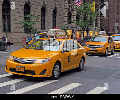 Giallo canarino medaglione New York taxi, per noleggio ,Manhattan, New York City, NY, STATI UNITI D'AMERICA Foto Stock