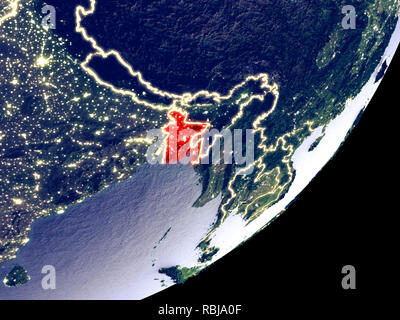 Bangladesh dallo spazio sul modello di terra di notte. Molto bene i dettagli del mondo di plastica della superficie visibile e luminose luci della citta'. 3D'illustrazione. Elem Foto Stock