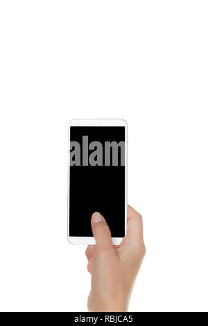Mock-up dei moderni smartphone nelle mani di una ragazza. Telefono in posizione verticale con una schermata vuota e isolata su bianco Foto Stock