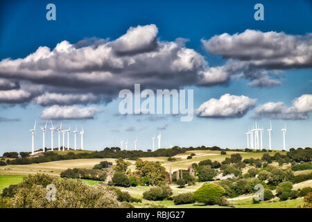 Mulini a vento: turbine eoliche nelle campagne della provincia di Cadice, nel sud della Spagna. Il potere di vento, ambiente pulito energia amichevole Foto Stock