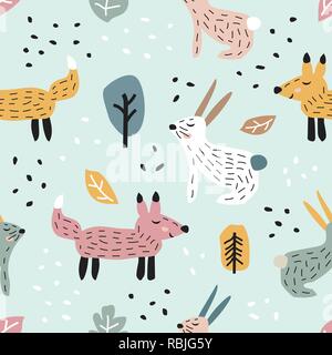 Infantile seamless pattern con cute bunny e fox. Texture creativo per tessuto Illustrazione Vettoriale