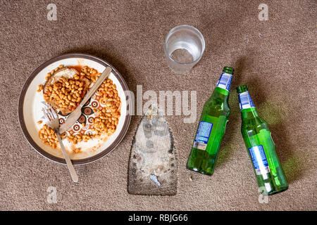 Il pavimento di un appartamento studentesco - congelato i fagioli - ferro segni di bruciatura sul tappeto - bicchiere vuoto - le bottiglie di birra Foto Stock