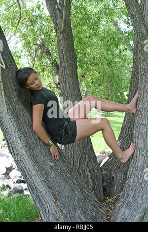 Bella bruna ragazza divertirsi tra gli alberi e la foresta Foto Stock