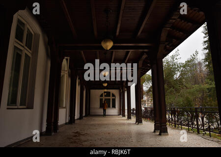 Hotel Caraiman, monumento storico e patrimonio nazionale, uno degli alberghi più antichi della città di Sinaia, Valle di Prahova, Romania. La terrazza esterna. Foto Stock