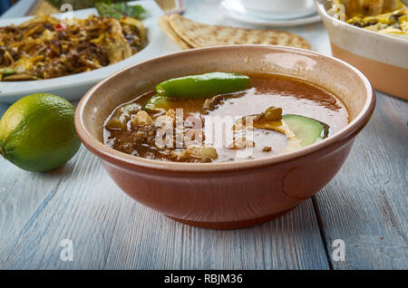 Tex-Mex Ultimate Premnoplex zuppa, Premnoplex zuppa, cucina tex-mex e tradizionali piatti assortiti, vista dall'alto. Foto Stock