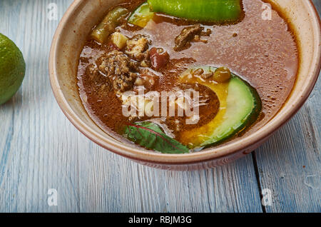 Tex-Mex Ultimate Premnoplex zuppa, Premnoplex zuppa, cucina tex-mex e tradizionali piatti assortiti, vista dall'alto. Foto Stock