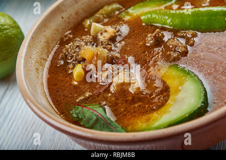 Tex-Mex Ultimate Premnoplex zuppa, Premnoplex zuppa, cucina tex-mex e tradizionali piatti assortiti, vista dall'alto. Foto Stock