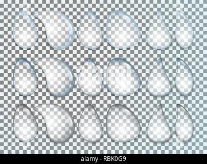 Gocce di acqua insieme realistico isolato su sfondo trasparente. Illustrazione Vettoriale. Illustrazione Vettoriale