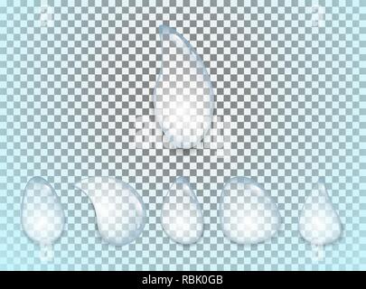 Gocce di acqua insieme realistico isolato su sfondo trasparente. Illustrazione Vettoriale. Illustrazione Vettoriale