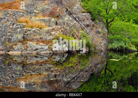 Affioramento di granito si riflette in un castoro stagno, vicino Onaping Lake Road, Ontario, Canada Foto Stock