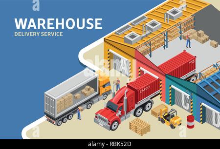Isometrica illustrazione vettoriale dei lavoratori di carico sui carrelli di trasporto merci con carico in deposito Illustrazione Vettoriale