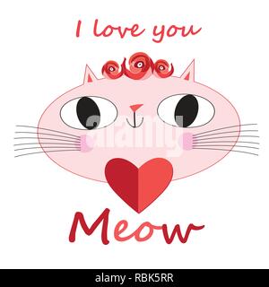 Scheda di festa con un gatto in amore su uno sfondo bianco con cuori Illustrazione Vettoriale