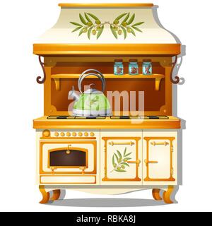 In legno set da cucina con una stufa a gas e un ripiano per le spezie isolati su sfondo bianco. Vector cartoon close-up illustrazione. Illustrazione Vettoriale