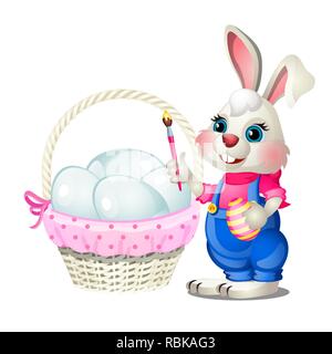 Allegro coniglietto di Pasqua con un pennello nelle sue zampe e un cesto di uova di pollo isolati su sfondo bianco. Vector cartoon close-up illustrazione. Illustrazione Vettoriale