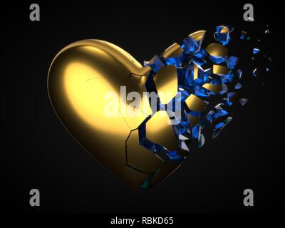 La frattura e la dissoluzione di cuore d'oro con cyrstal blu all'interno per il giorno di San Valentino. 3d illustrazione Foto Stock