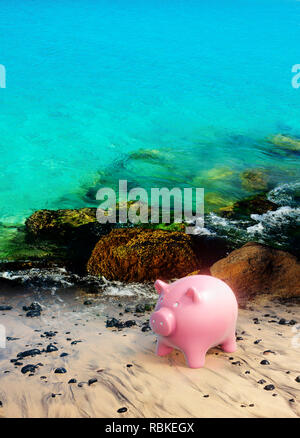 Salvadanaio di rosa money bank in spiaggia, salvataggio di guadagni, 3D illustrazione Foto Stock