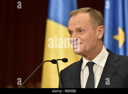 Bucarest, Romania. Decimo gen, 2019. Presidente del Consiglio europeo Donald Tusk parla durante l inaugurazione ufficiale cerimonia di inizio della Romania assumerà la presidenza del Consiglio dell'Unione europea (UE) a Bucarest, la capitale della Romania, a gennaio 10, 2019. Credito: Xinhua/Alamy Live News Foto Stock