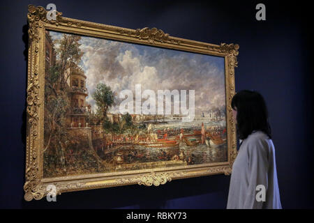 La Reale Accademia delle Belle Arti Londra, UK 11 gen 2019 - Un membro del personale opinioni 'l'apertura di Waterloo Bridge (Ponte ÒWaterloo, dalle scale di Whitehall, 18 Giugno1817)" di John Constable (1776-1837). I due dipinti dalla Royal Academy SchoolsÕ più illustre di laureati, J.M.W. Turner (1775-1851) e John Constable (1776-1837), sono-dicono di uno dei più leggendari eventi nella storia della Mostra estiva,avrà luogo presso la Royal Academy of Arts di venerdì 11 gennaio 2019. Credito: Dinendra Haria/Alamy Live News Foto Stock