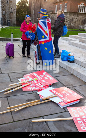 Londra, Regno Unito. Xi gen, 2019. Anti Brexit attivisti fuori le case del Parlamento europeo a Londra oggi come prosegue il dibattito sul primo ministro Theresa Maggio la trattativa che sarà votata la prossima settimana . Credito: Simon Dack/Alamy Live News Foto Stock