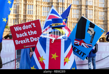 Londra, Regno Unito. Xi gen, 2019. Anti Brexit attivisti fuori le case del Parlamento europeo a Londra oggi come prosegue il dibattito sul primo ministro Theresa Maggio la trattativa che sarà votata la prossima settimana . Credito: Simon Dack/Alamy Live News Foto Stock