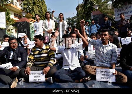 Guwahati, Assam, India. 11 gen 2019. Guwahati Commerce studenti del college stadio a protestare e sollevato slogan contro la cittadinanza (emendamento) Bill, 2016 a Guwahati, Assam, India il Venerdì, 11 gennaio 2019. India inferiore dell'Aula ha adottato una normativa che dovrà concedere la cittadinanza ai membri di talune minoranze religiose ma non musulmani. - Il progetto di legge riguarda selezionare gruppi -- compresi indù, cristiani e sikh -- Chi ha spostato dal Bangladesh, Pakistan e Afghanistan e che hanno vissuto in India per almeno sei anni. Credito: David Talukdar/Alamy Live News Foto Stock